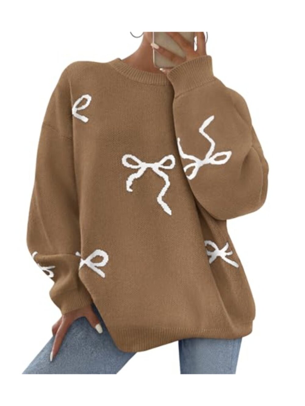 Women Long Sleeve Bow Print Oversized Pullover Sweater Crew Neck Chunky Knit